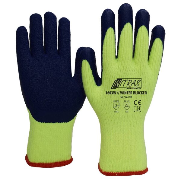 Nitras WINTER BLOCKER, nahtlose Terry-Schlingen handschuhe, neongelb, Latex-Beschichtung Gr.10 (1603W-10)