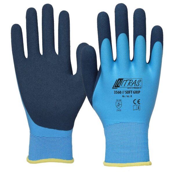 Nitras SOFT GRIP, Polyesterhandschuhe, hellblau , zweifache Beschichtung: Latexschaum, Gr.8 (3560-8)