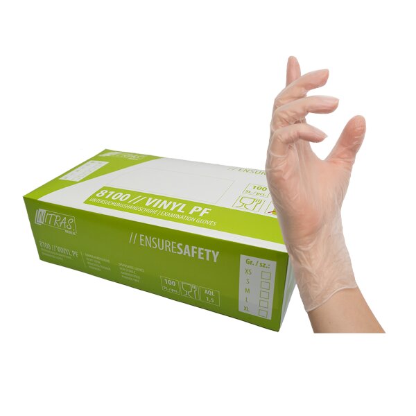 NITRAS VINYL PF , Vinyl-Einmalhandschuhe, transparent, Box à 100 Stück 8100
